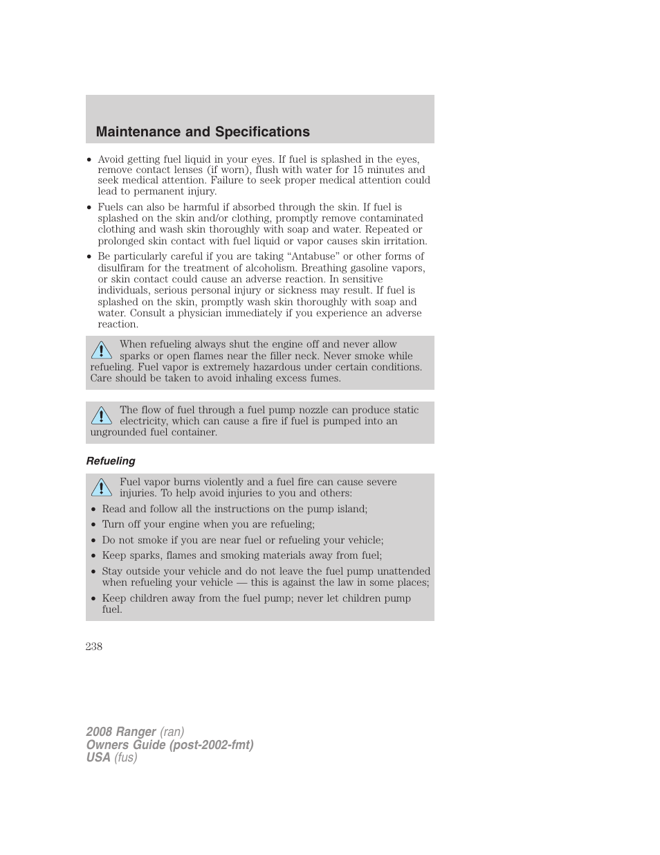 Refueling, Maintenance and specifications | FORD 2008 Ranger v.2 User Manual | Page 238 / 272