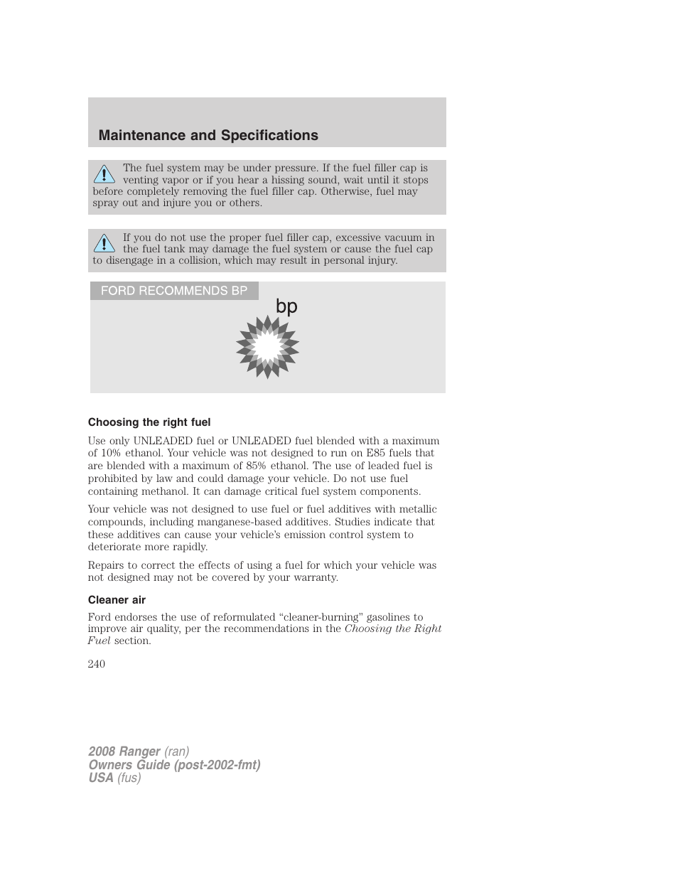 Choosing the right fuel, Cleaner air, Maintenance and specifications | FORD 2008 Ranger v.2 User Manual | Page 240 / 272