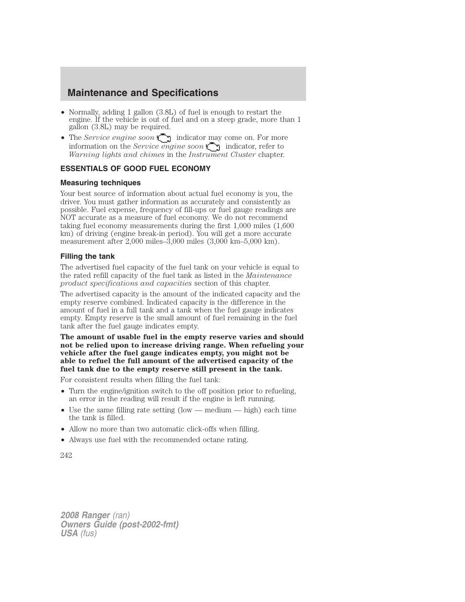 Essentials of good fuel economy, Measuring techniques, Filling the tank | Maintenance and specifications | FORD 2008 Ranger v.2 User Manual | Page 242 / 272