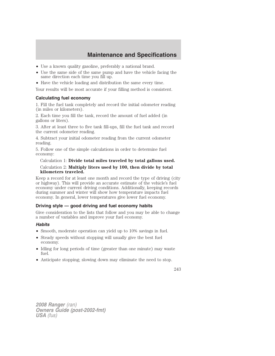 Calculating fuel economy, Habits, Maintenance and specifications | FORD 2008 Ranger v.2 User Manual | Page 243 / 272