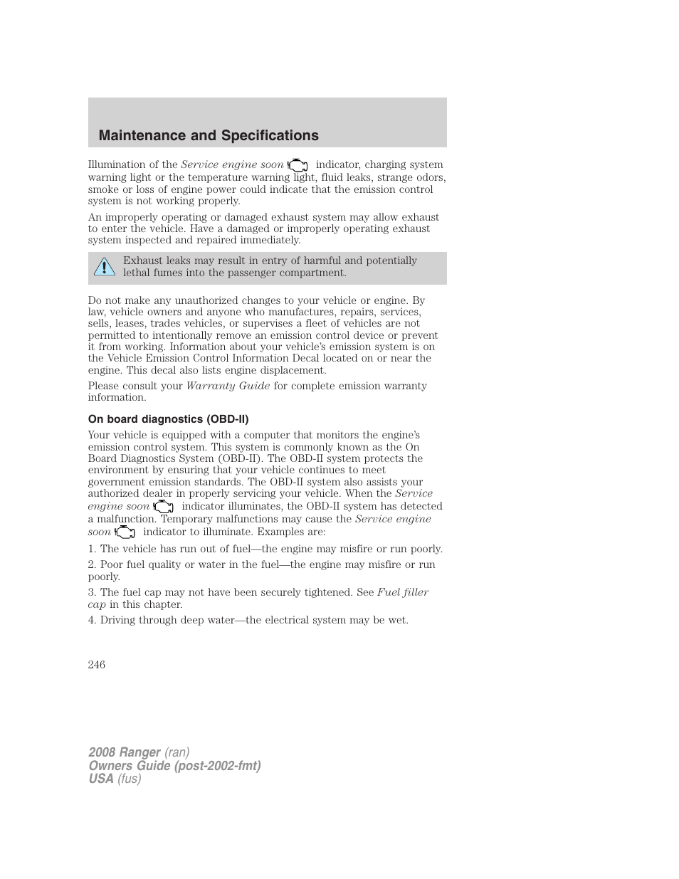 On board diagnostics (obd-ii), Maintenance and specifications | FORD 2008 Ranger v.2 User Manual | Page 246 / 272