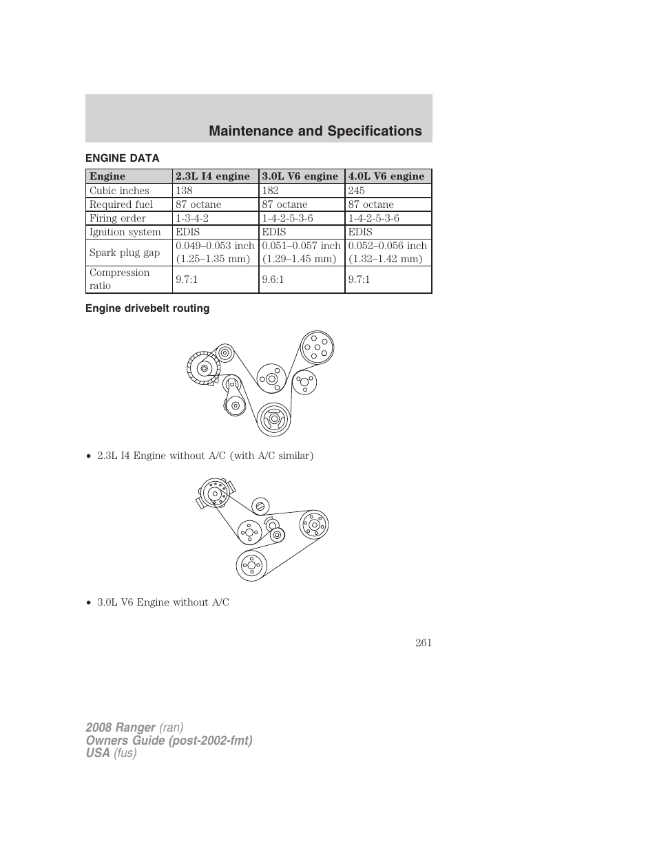Engine data, Engine drivebelt routing, Maintenance and specifications | FORD 2008 Ranger v.2 User Manual | Page 261 / 272