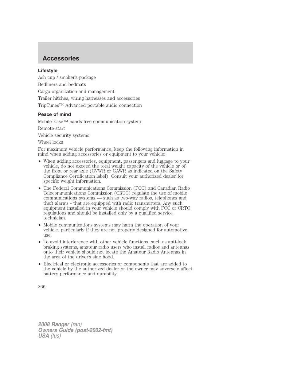 Lifestyle, Peace of mind, Accessories | FORD 2008 Ranger v.2 User Manual | Page 266 / 272