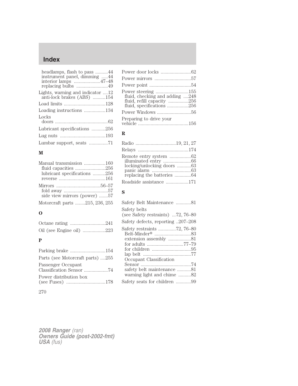 Index | FORD 2008 Ranger v.2 User Manual | Page 270 / 272