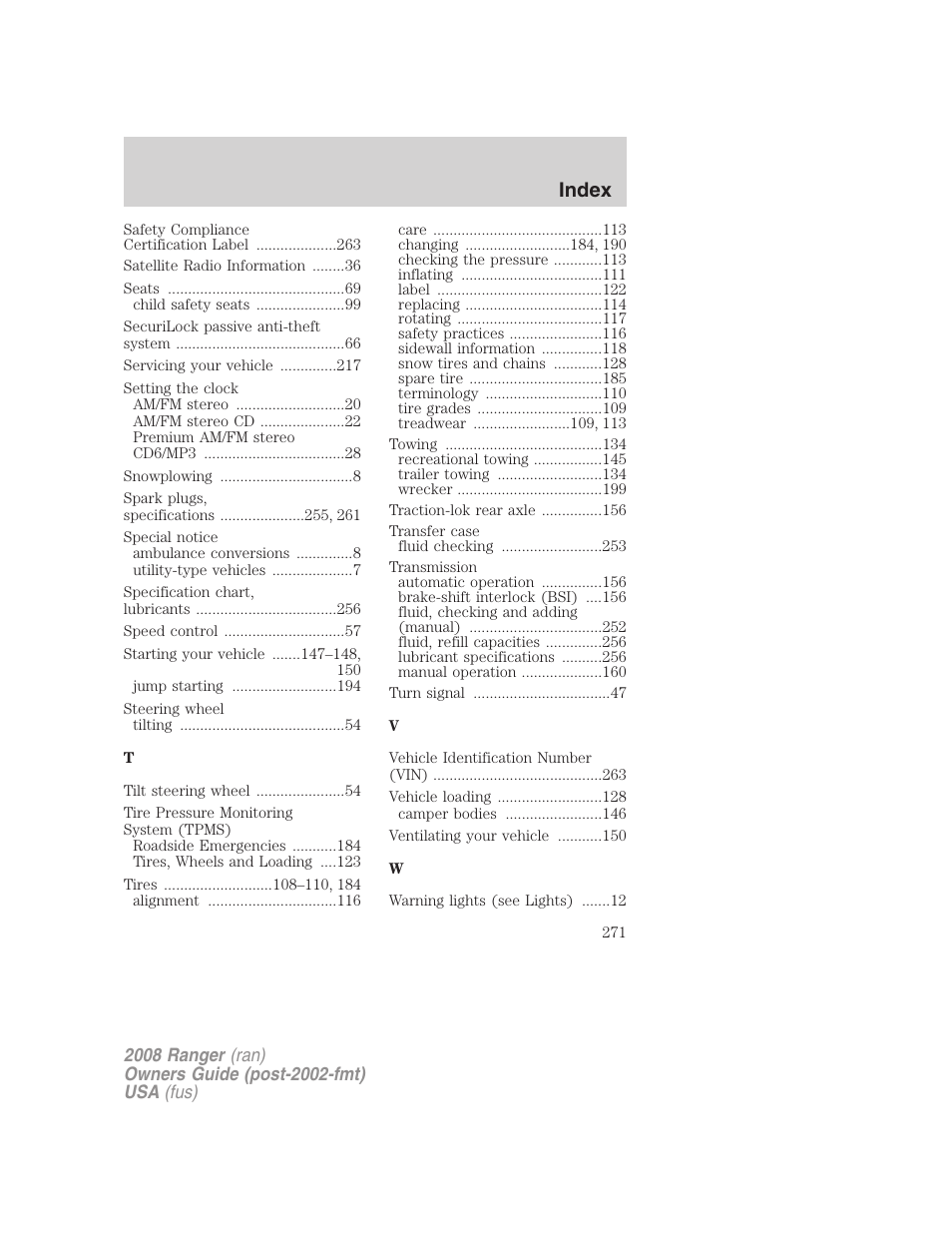 Index | FORD 2008 Ranger v.2 User Manual | Page 271 / 272
