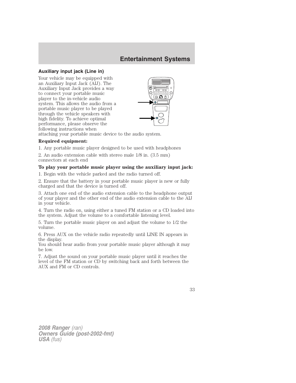 Auxiliary input jack (line in), Entertainment systems | FORD 2008 Ranger v.2 User Manual | Page 33 / 272