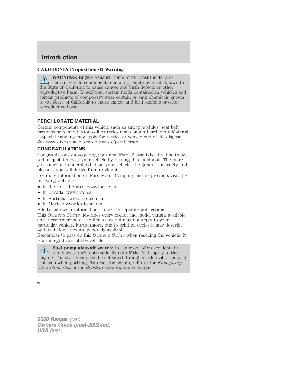 Introduction, Perchlorate material, Congratulations | FORD 2008 Ranger v.2 User Manual | Page 4 / 272