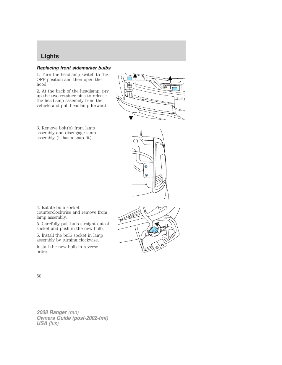 Replacing front sidemarker bulbs, Lights | FORD 2008 Ranger v.2 User Manual | Page 50 / 272