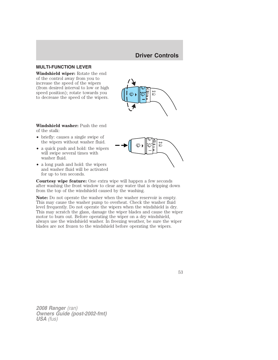Driver controls, Multi-function lever, Windshield wiper/washer control | FORD 2008 Ranger v.2 User Manual | Page 53 / 272