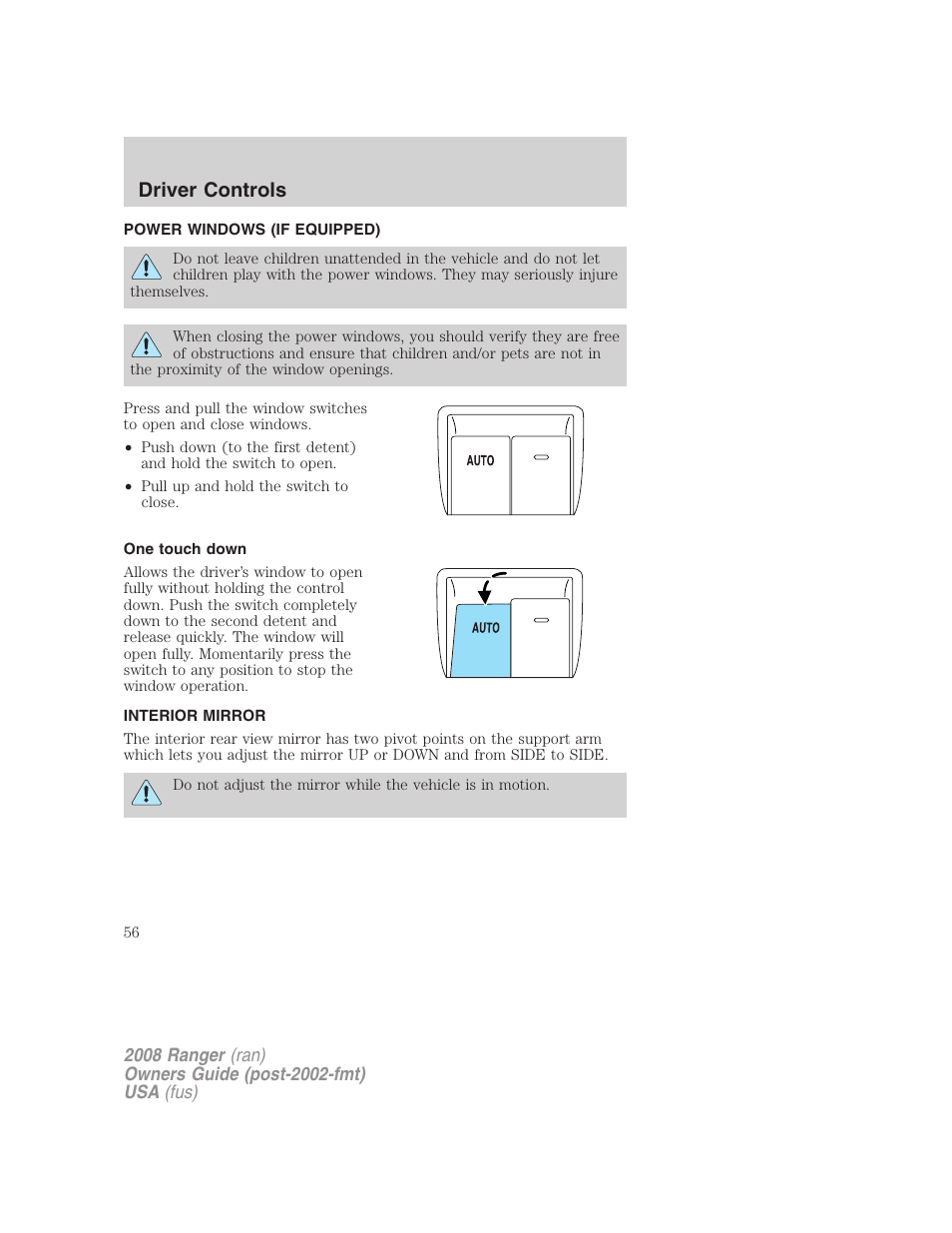 Power windows (if equipped), One touch down, Interior mirror | Power windows, Mirrors, Driver controls | FORD 2008 Ranger v.2 User Manual | Page 56 / 272