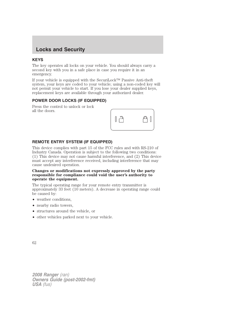Locks and security, Keys, Power door locks (if equipped) | Remote entry system (if equipped), Locks | FORD 2008 Ranger v.2 User Manual | Page 62 / 272