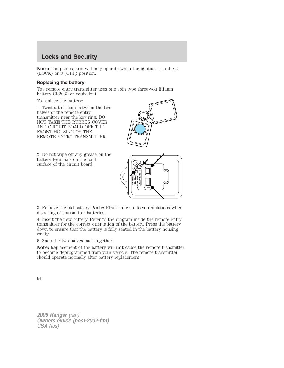 Replacing the battery, Locks and security | FORD 2008 Ranger v.2 User Manual | Page 64 / 272