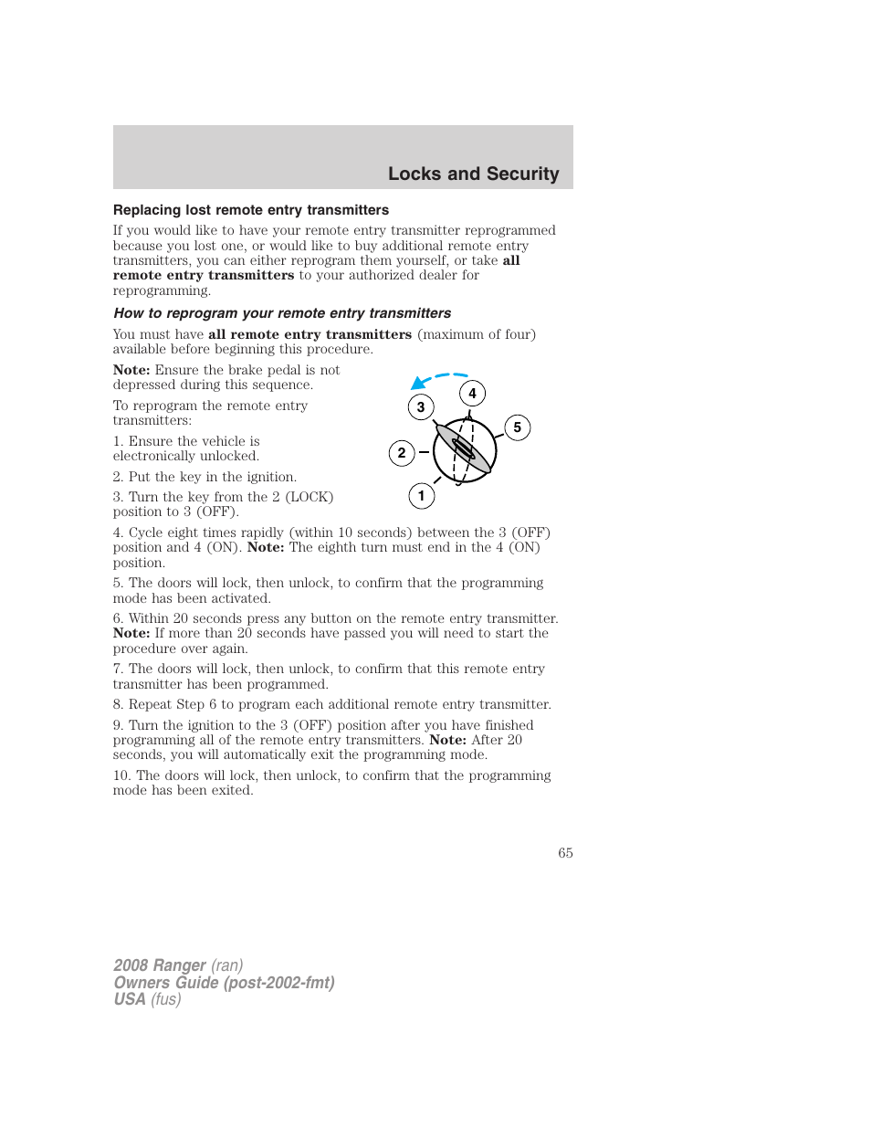 Replacing lost remote entry transmitters, How to reprogram your remote entry transmitters, Locks and security | FORD 2008 Ranger v.2 User Manual | Page 65 / 272