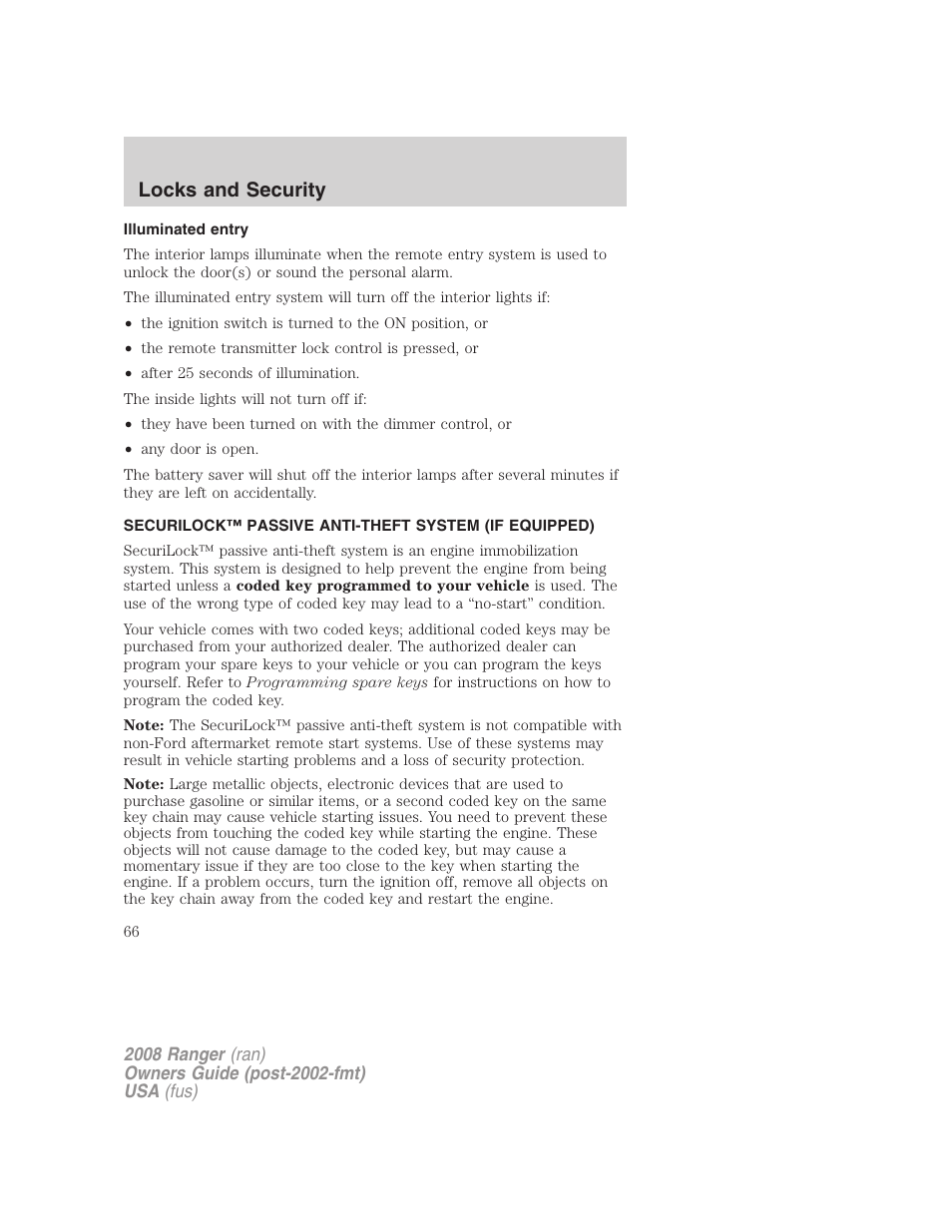 Illuminated entry, Anti-theft system, Locks and security | FORD 2008 Ranger v.2 User Manual | Page 66 / 272
