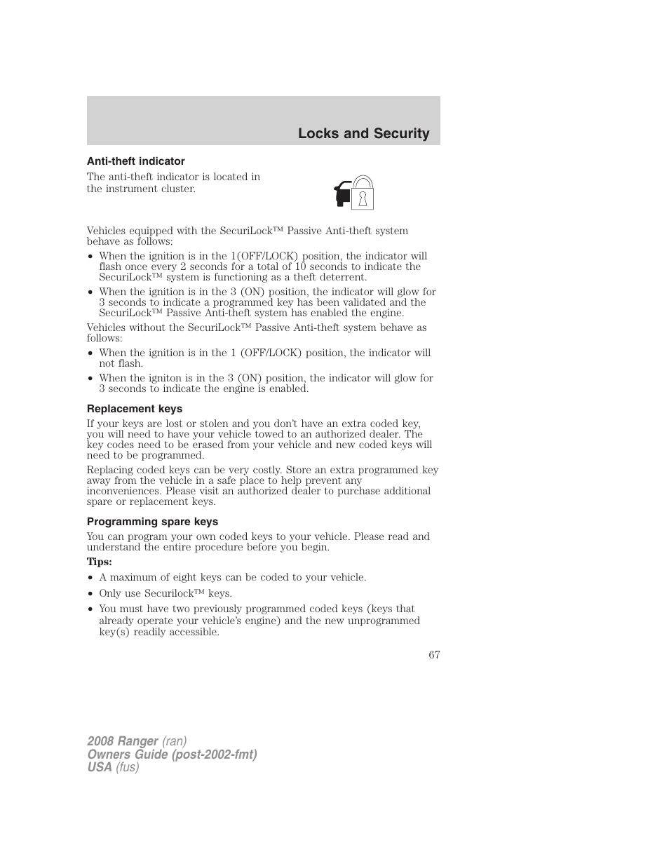 Anti-theft indicator, Replacement keys, Programming spare keys | Locks and security | FORD 2008 Ranger v.2 User Manual | Page 67 / 272