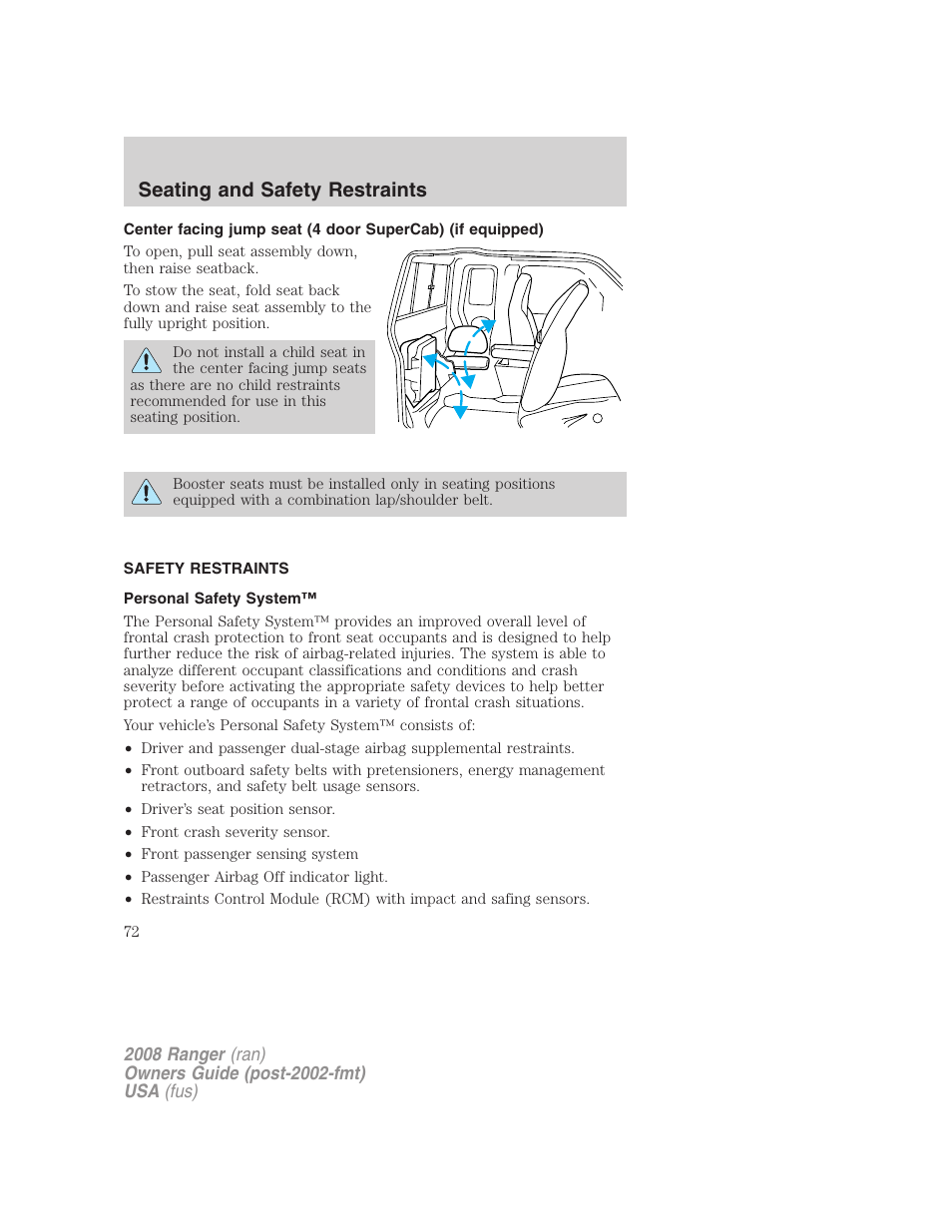 Safety restraints, Personal safety system, Seating and safety restraints | FORD 2008 Ranger v.2 User Manual | Page 72 / 272
