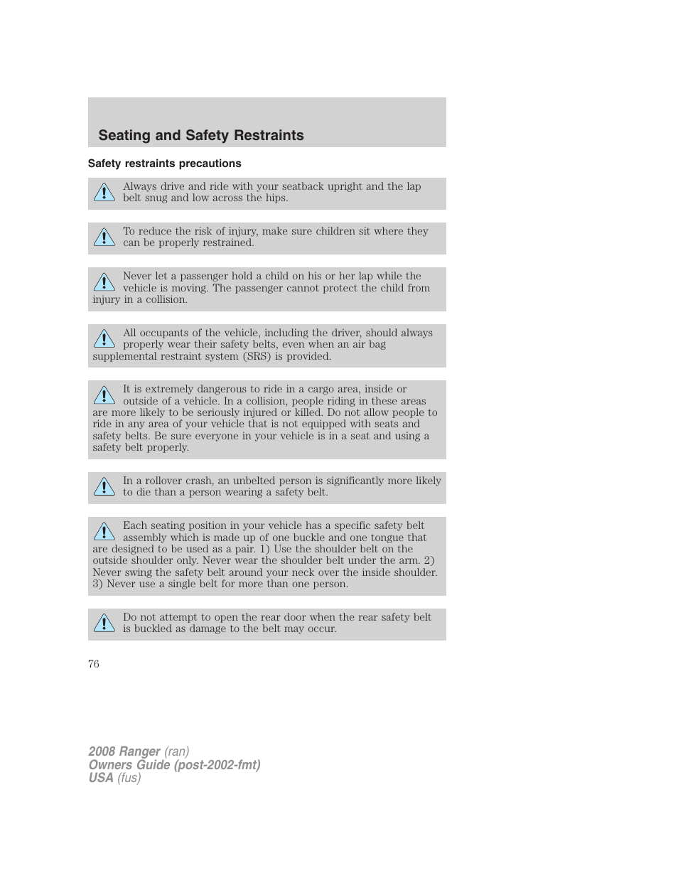 Safety restraints precautions, Seating and safety restraints | FORD 2008 Ranger v.2 User Manual | Page 76 / 272