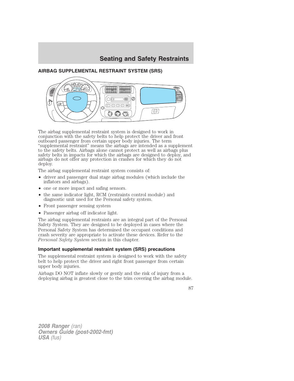Airbag supplemental restraint system (srs), Airbags, Seating and safety restraints | FORD 2008 Ranger v.2 User Manual | Page 87 / 272