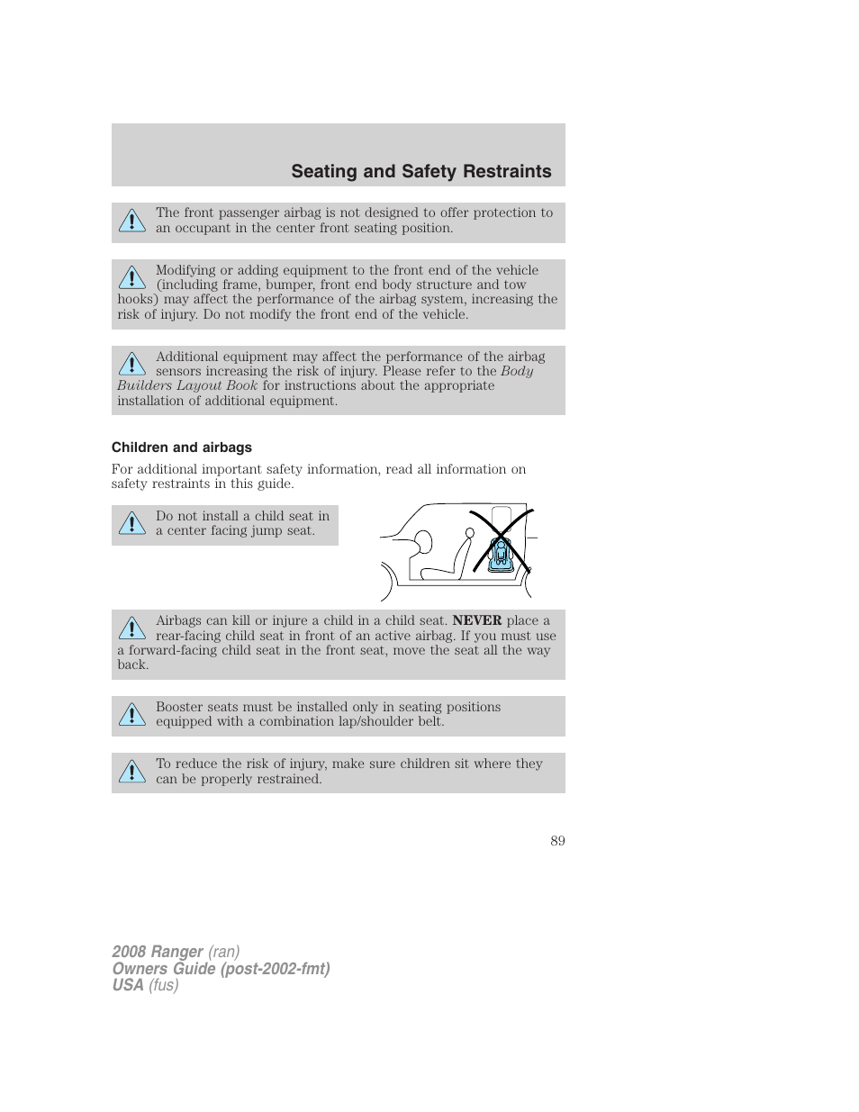 Children and airbags, Seating and safety restraints | FORD 2008 Ranger v.2 User Manual | Page 89 / 272