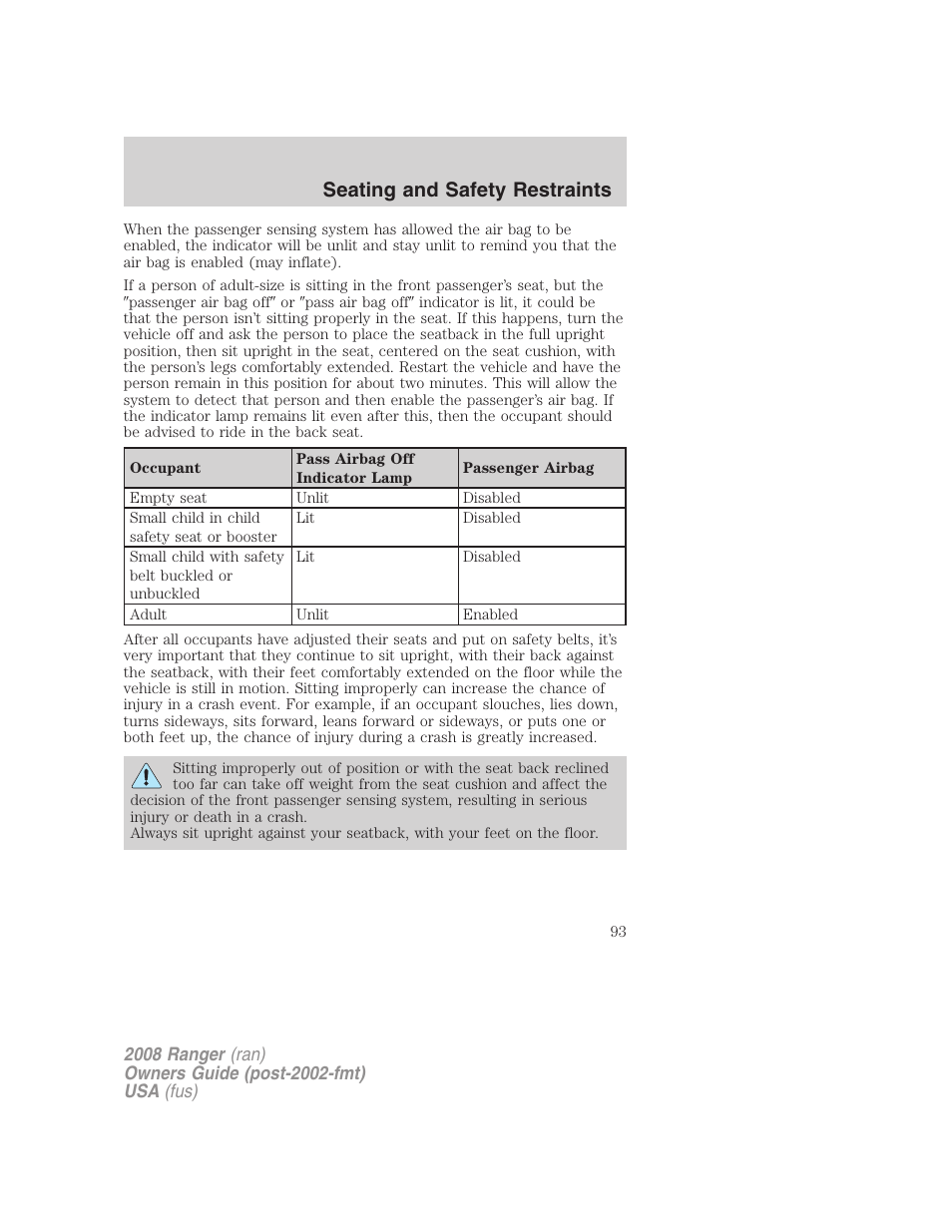 Seating and safety restraints | FORD 2008 Ranger v.2 User Manual | Page 93 / 272