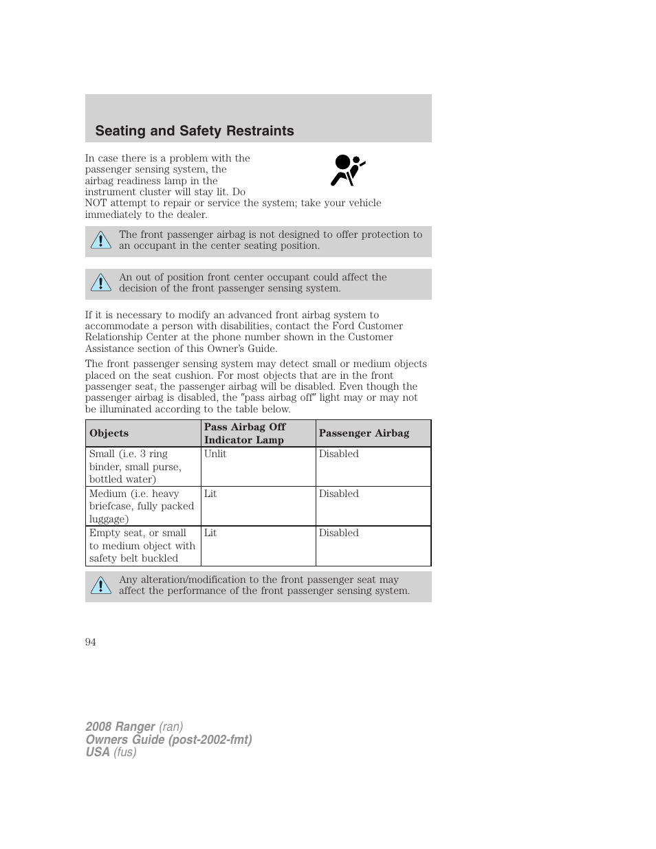 Seating and safety restraints | FORD 2008 Ranger v.2 User Manual | Page 94 / 272