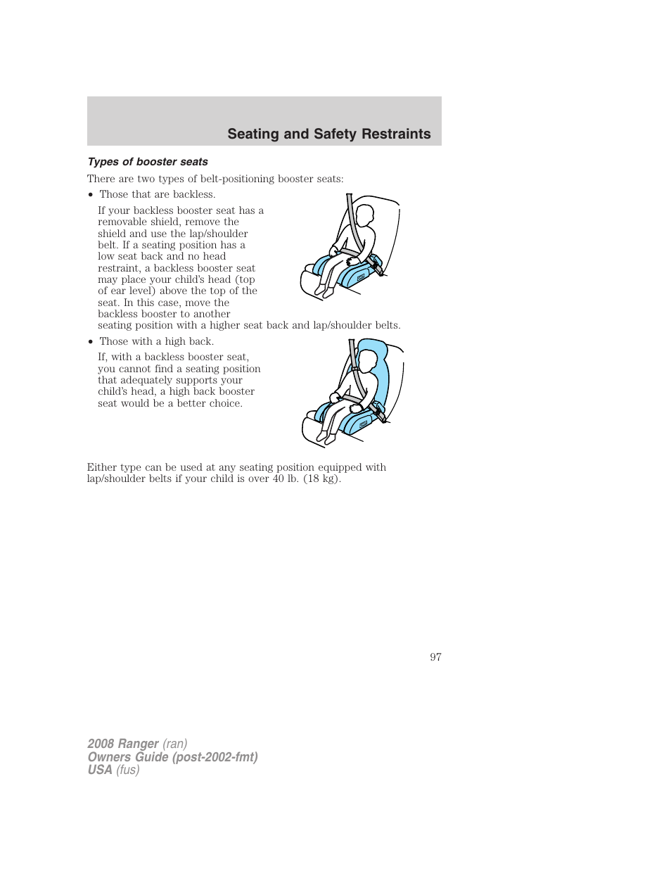 Types of booster seats, Seating and safety restraints | FORD 2008 Ranger v.2 User Manual | Page 97 / 272
