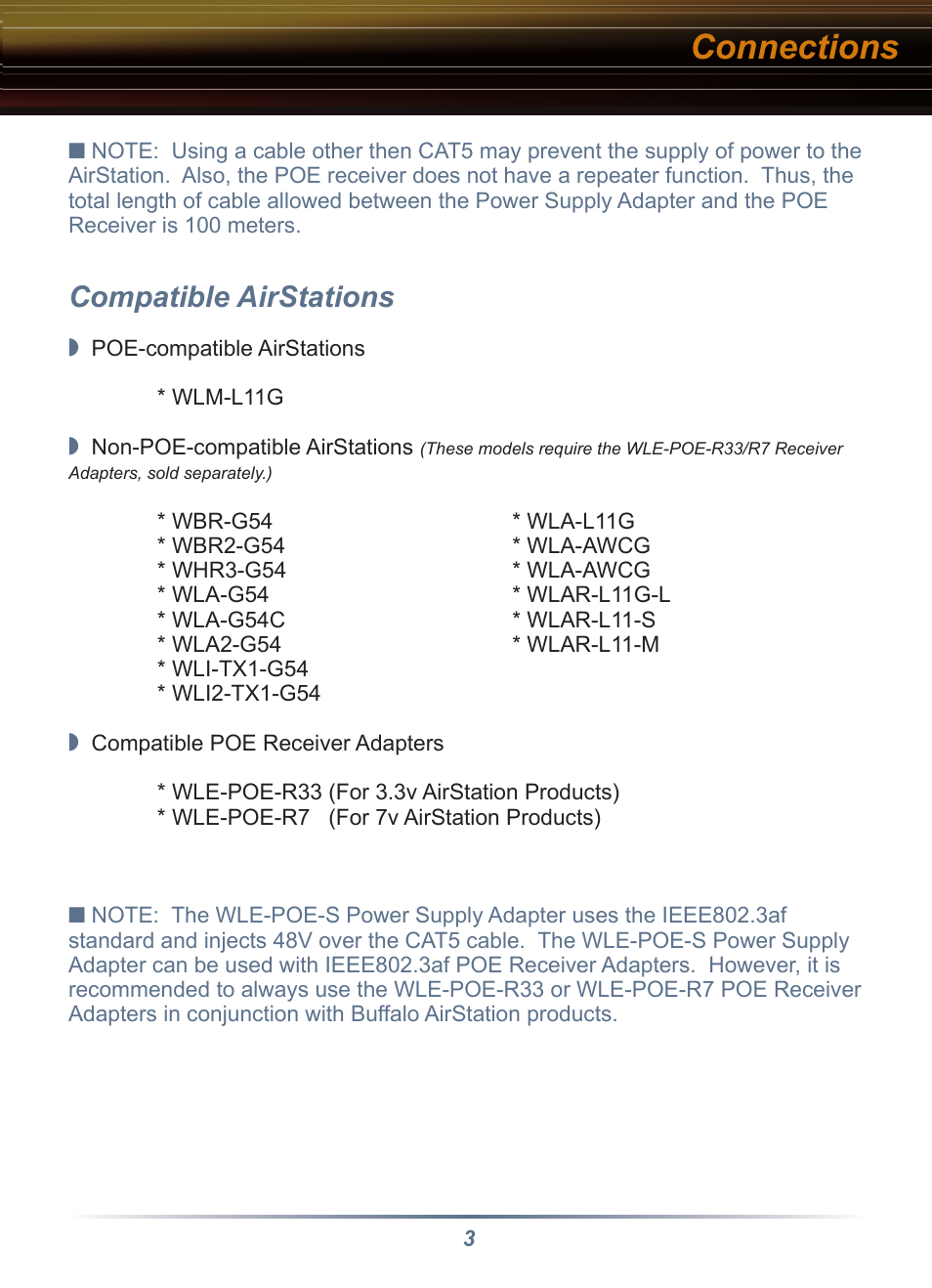 Connections, Compatible airstations | Buffalo Technology WLE-POE-S User Manual | Page 3 / 8