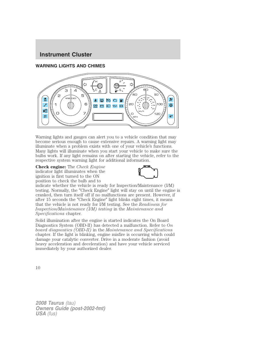 Instrument cluster, Warning lights and chimes | FORD 2008 Taurus v.1 User Manual | Page 10 / 320