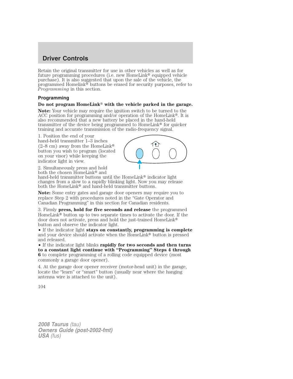Programming, Driver controls | FORD 2008 Taurus v.1 User Manual | Page 104 / 320