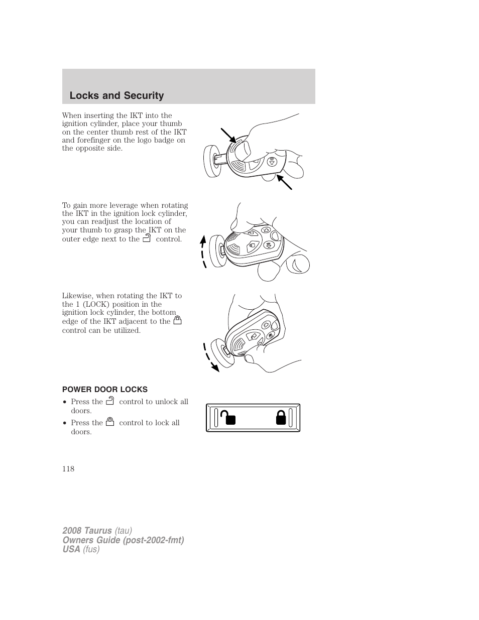 Power door locks, Locks, Locks and security | FORD 2008 Taurus v.1 User Manual | Page 118 / 320