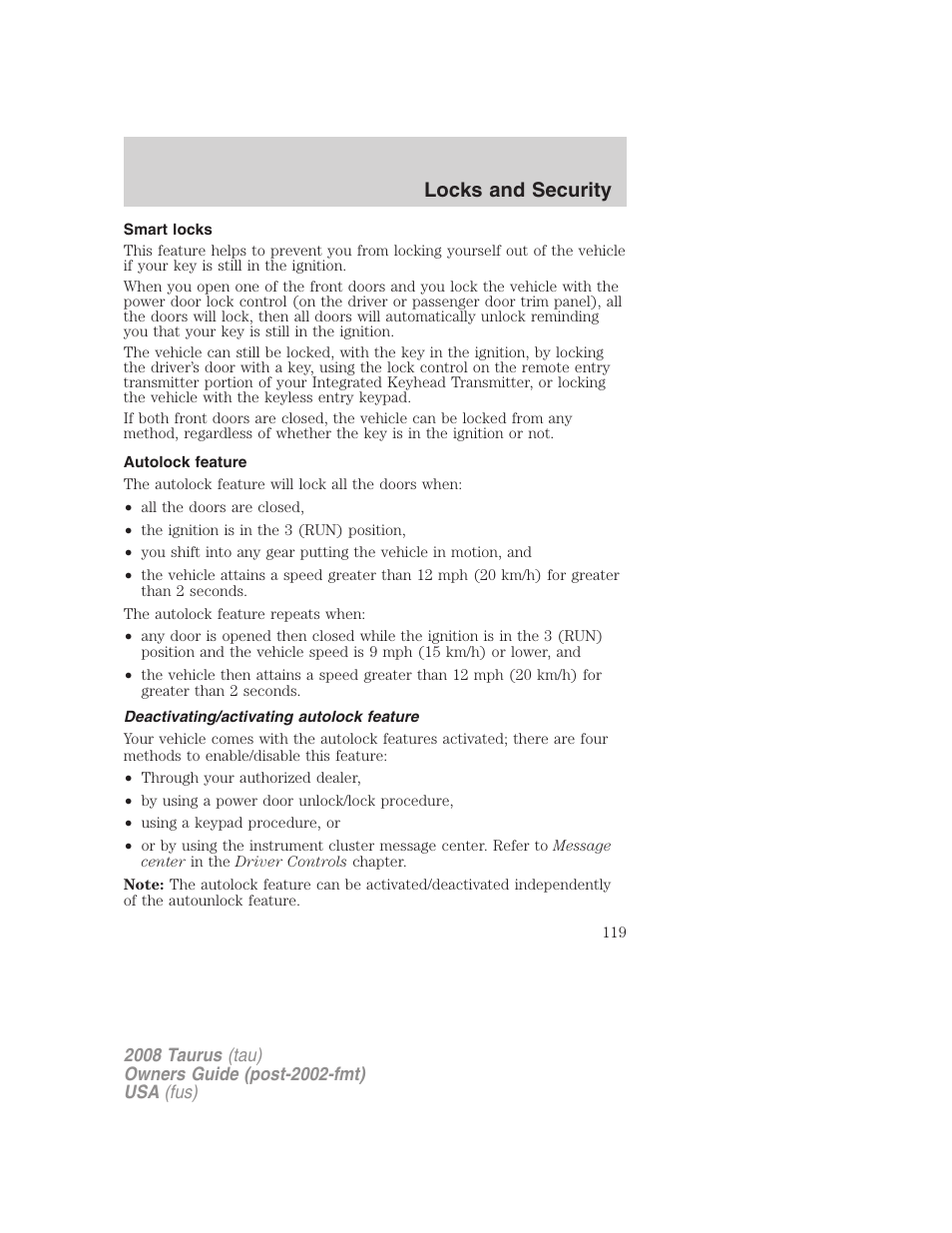 Smart locks, Autolock feature, Deactivating/activating autolock feature | Locks and security | FORD 2008 Taurus v.1 User Manual | Page 119 / 320
