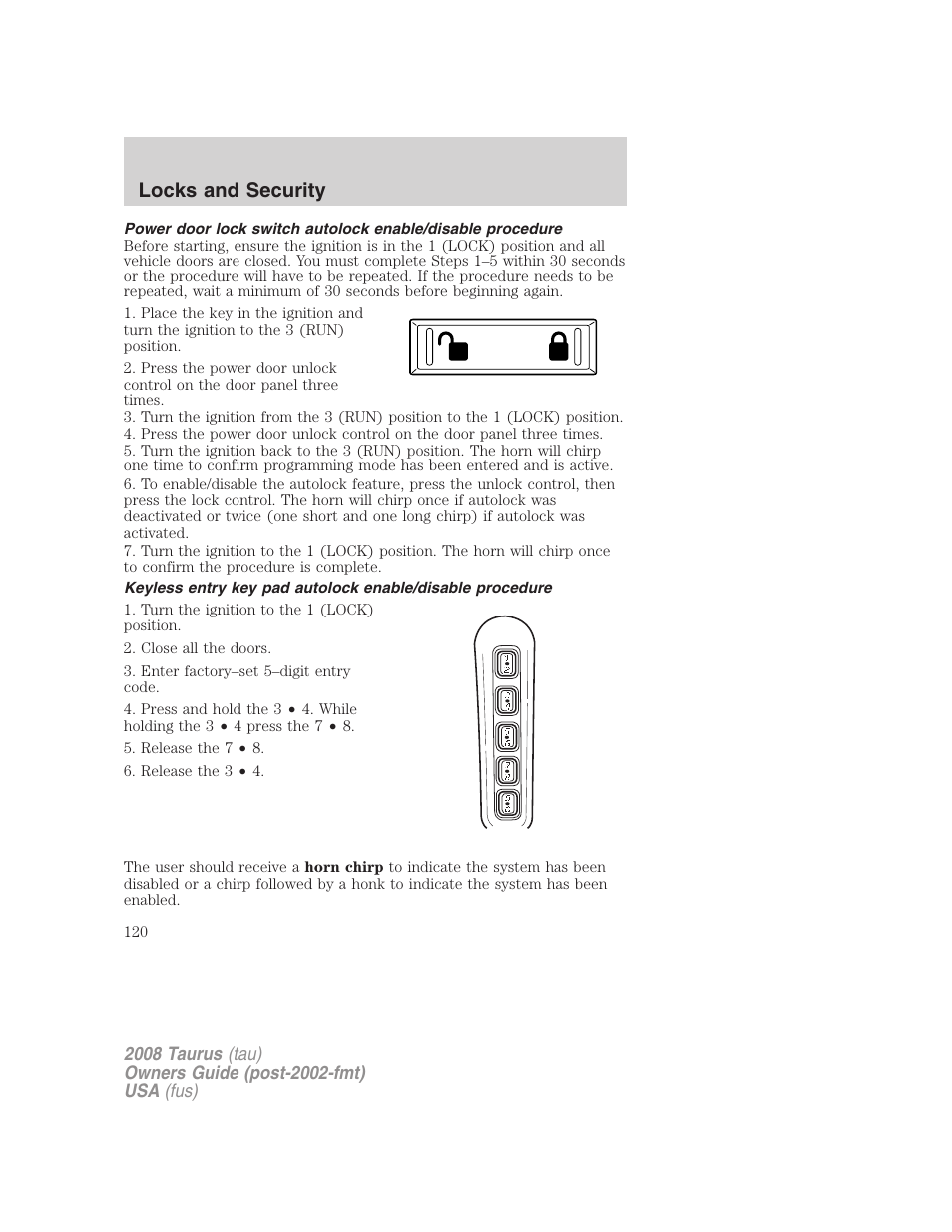 Locks and security | FORD 2008 Taurus v.1 User Manual | Page 120 / 320