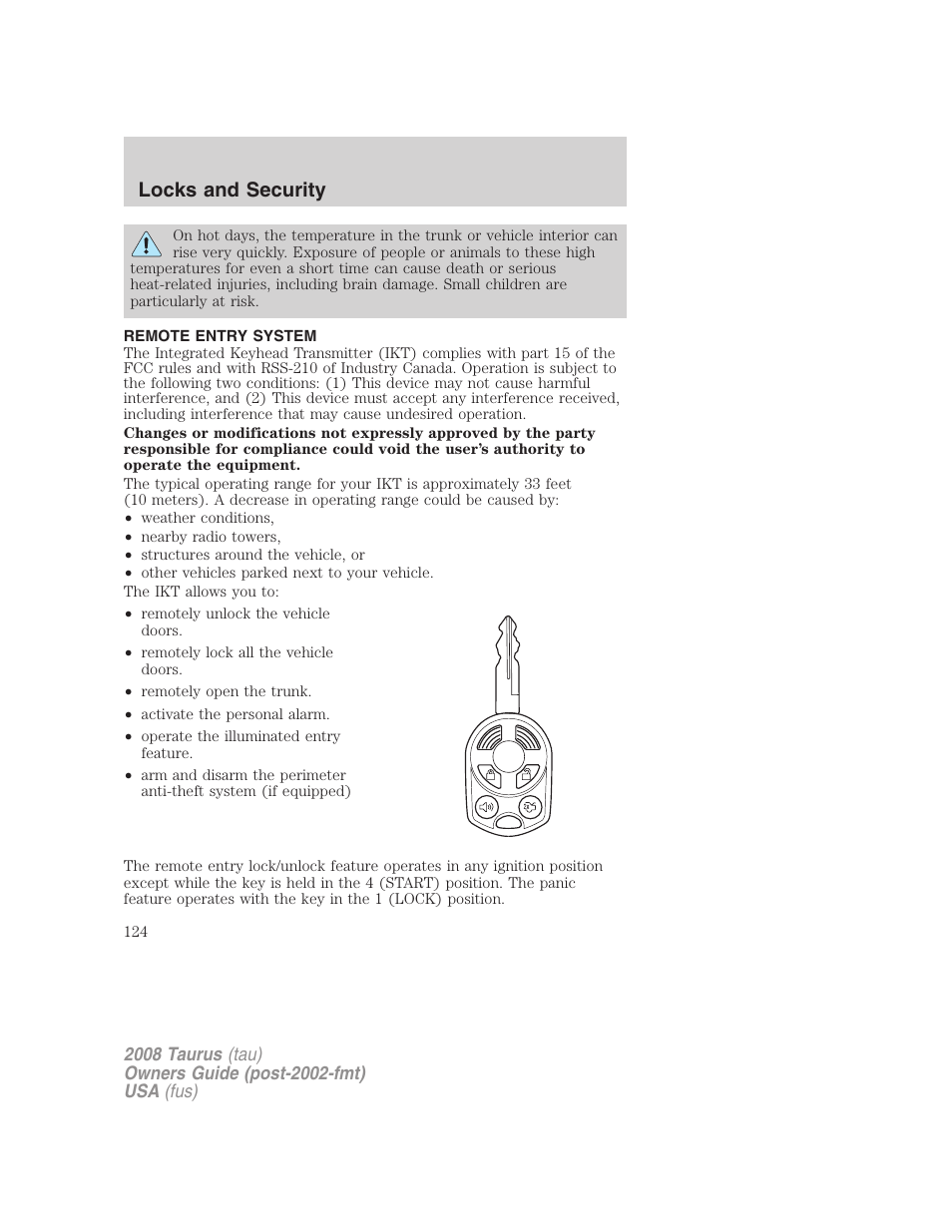 Remote entry system, Locks and security | FORD 2008 Taurus v.1 User Manual | Page 124 / 320