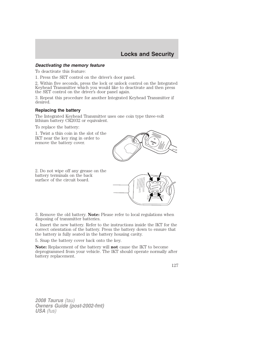 Deactivating the memory feature, Replacing the battery, Locks and security | FORD 2008 Taurus v.1 User Manual | Page 127 / 320
