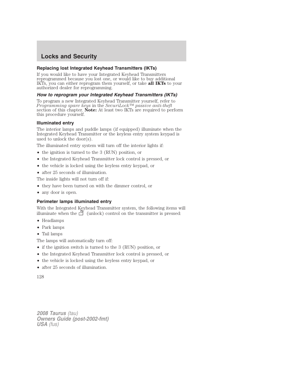 Illuminated entry, Perimeter lamps illuminated entry, Locks and security | FORD 2008 Taurus v.1 User Manual | Page 128 / 320