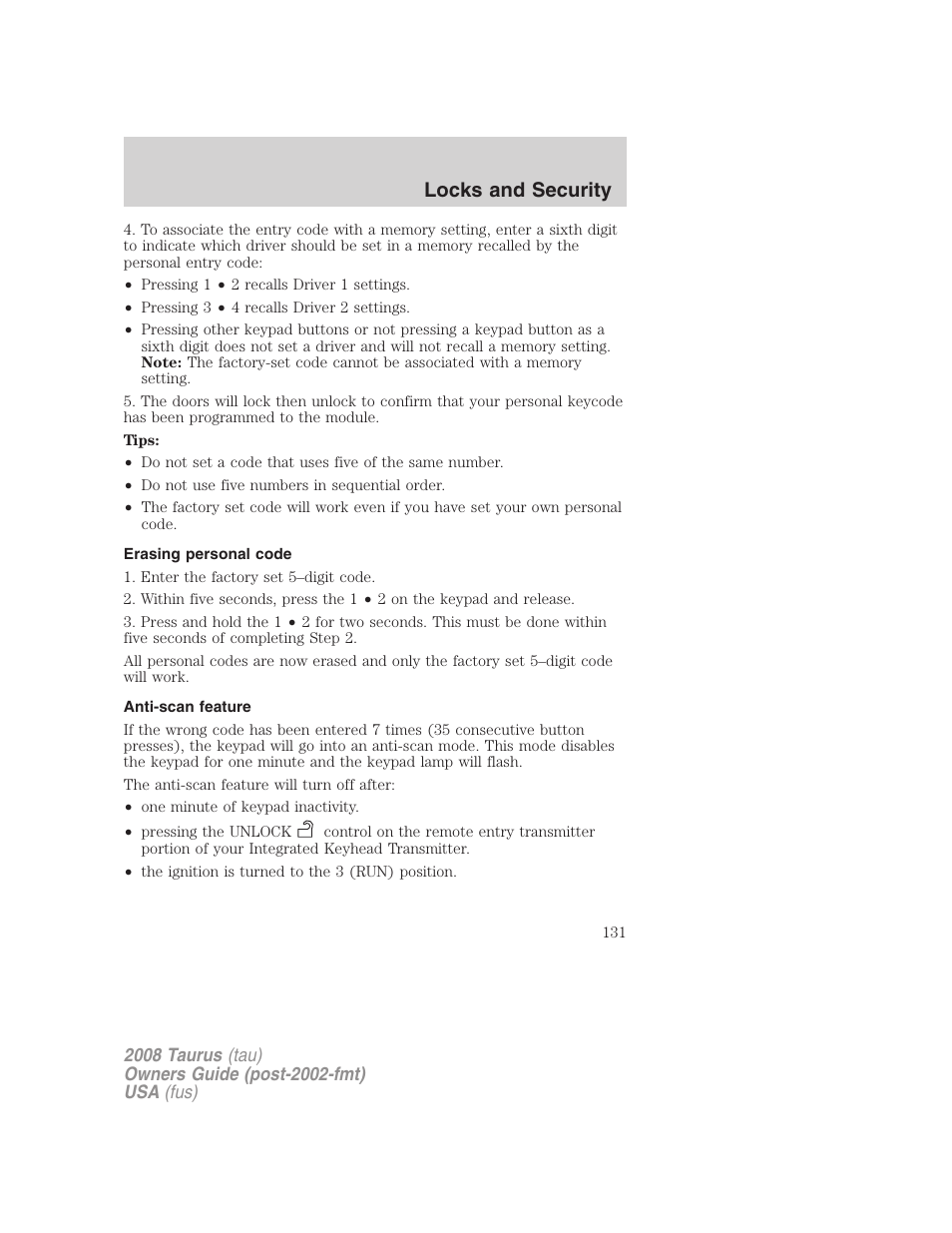 Erasing personal code, Anti-scan feature, Locks and security | FORD 2008 Taurus v.1 User Manual | Page 131 / 320