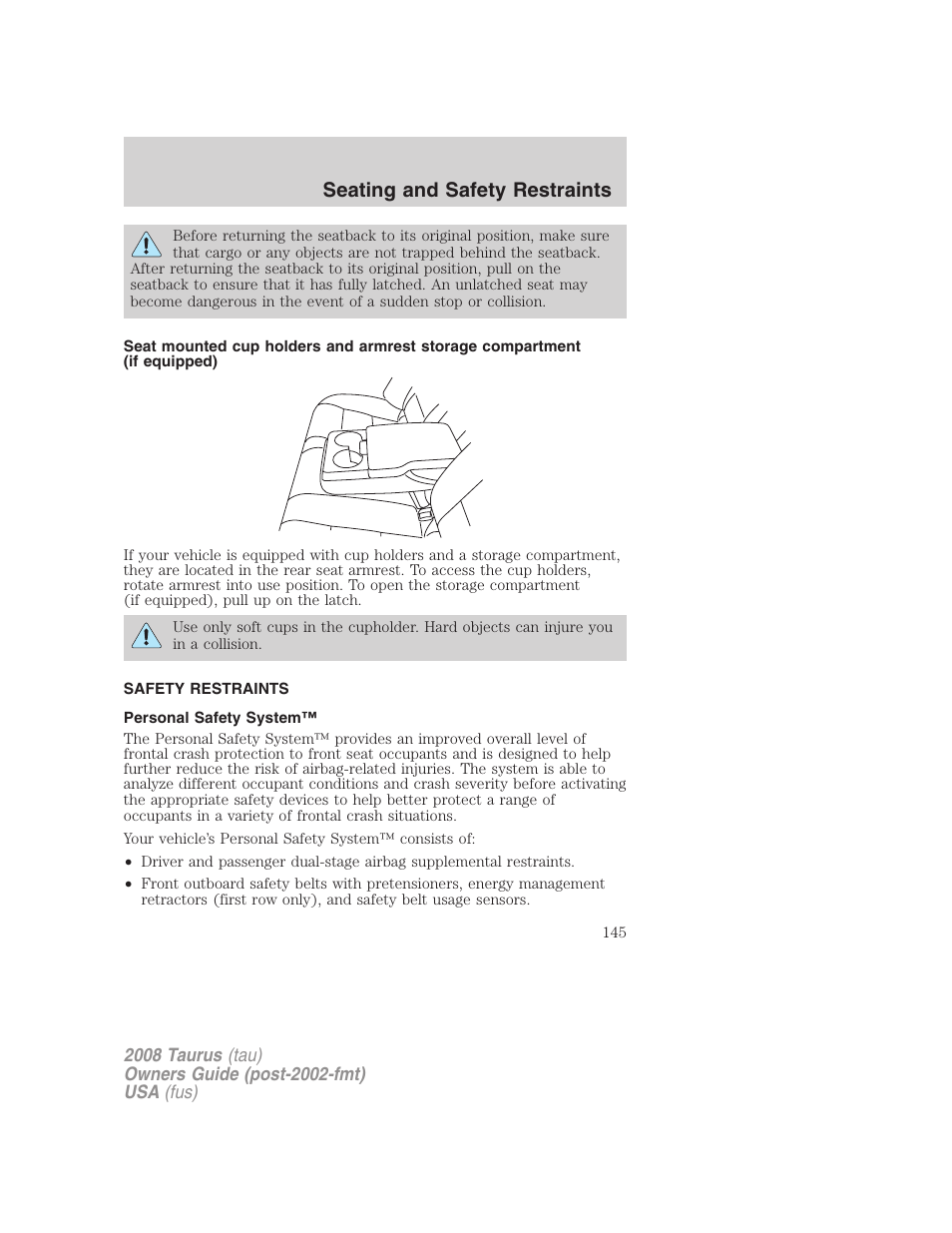 Safety restraints, Personal safety system, Seating and safety restraints | FORD 2008 Taurus v.1 User Manual | Page 145 / 320