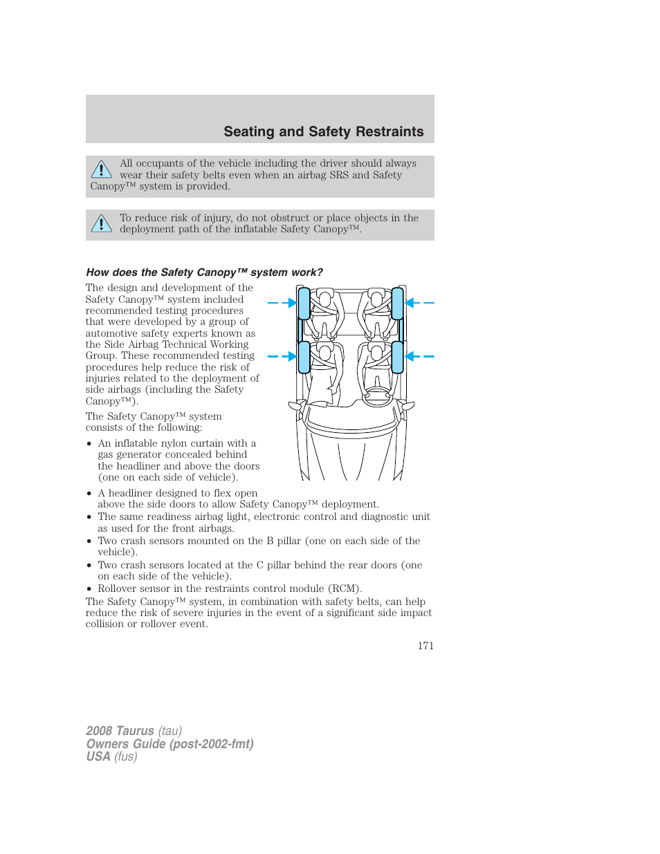 How does the safety canopy™ system work, Seating and safety restraints | FORD 2008 Taurus v.1 User Manual | Page 171 / 320