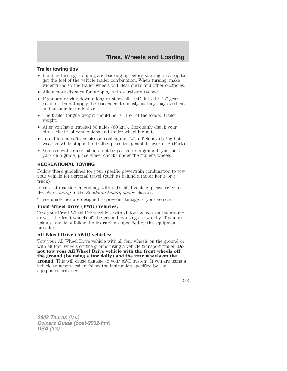 Trailer towing tips, Recreational towing, Tires, wheels and loading | FORD 2008 Taurus v.1 User Manual | Page 213 / 320