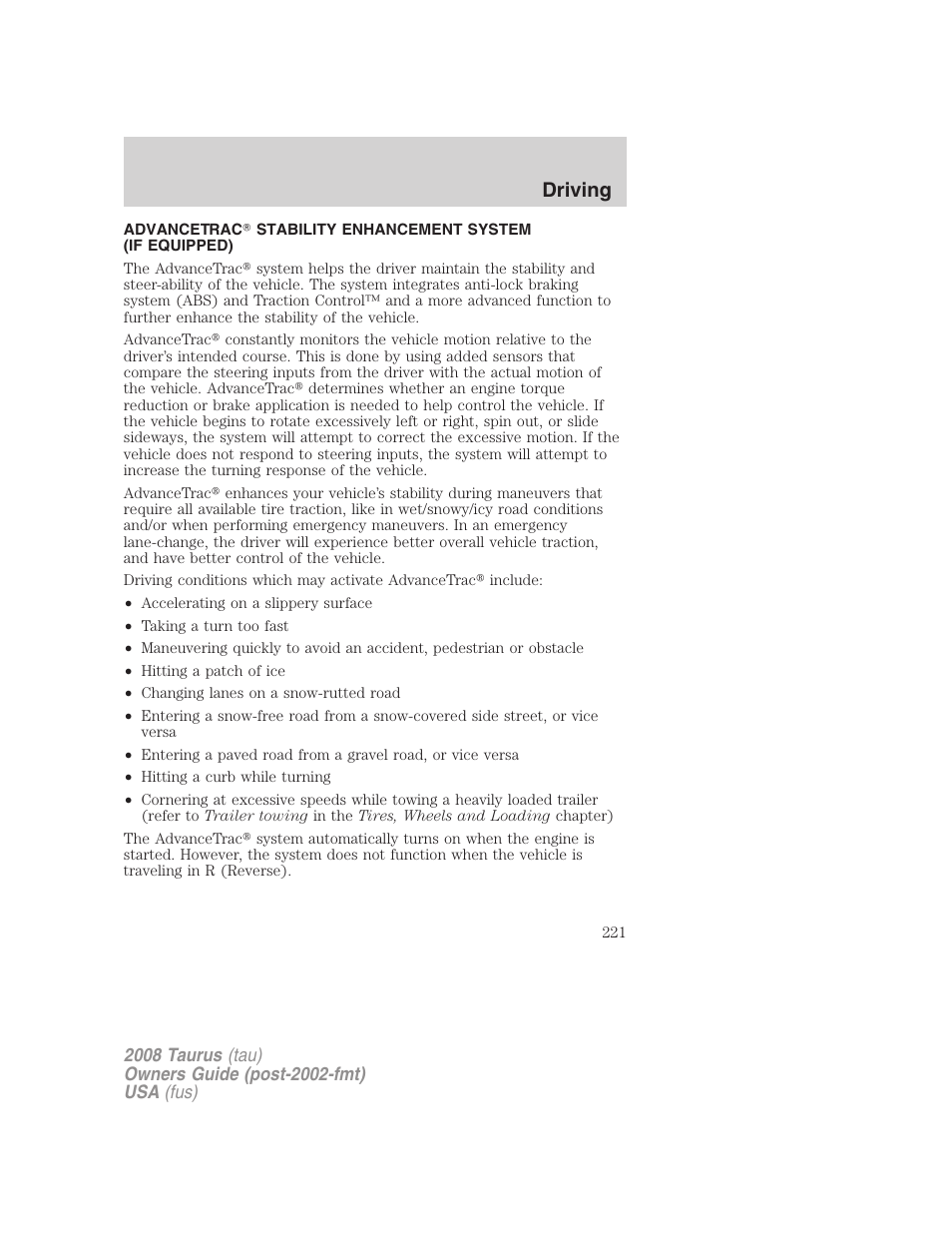 Driving | FORD 2008 Taurus v.1 User Manual | Page 221 / 320