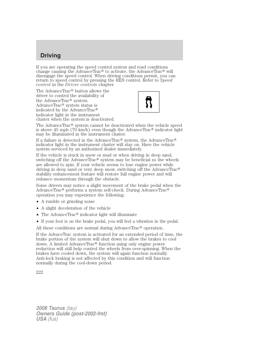 Driving | FORD 2008 Taurus v.1 User Manual | Page 222 / 320