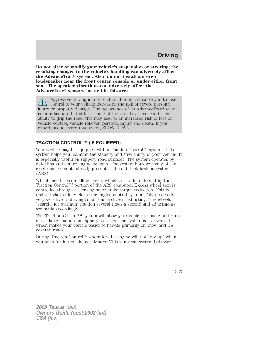 Traction control™ (if equipped), Traction control, Driving | FORD 2008 Taurus v.1 User Manual | Page 223 / 320