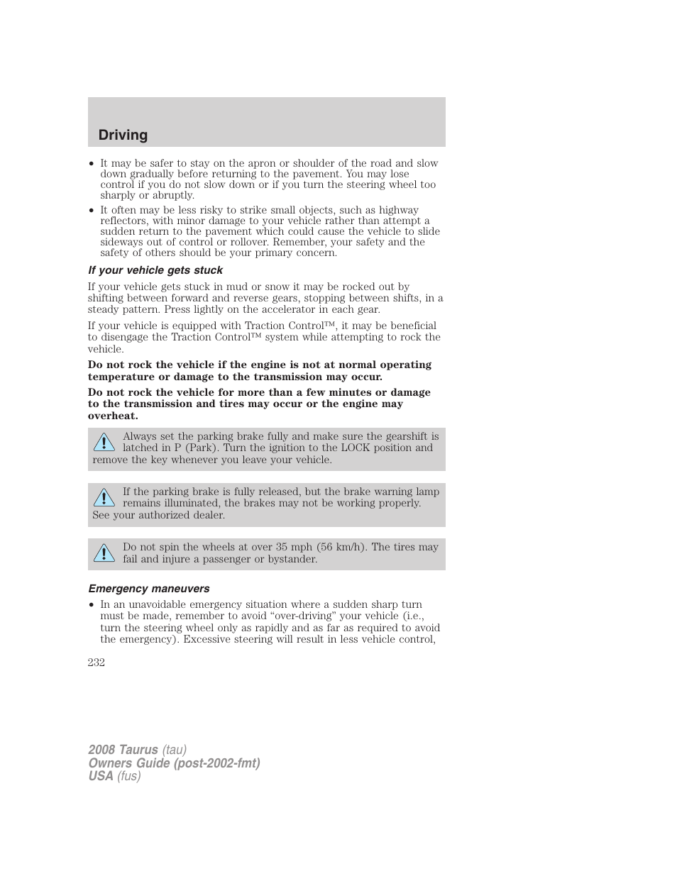 If your vehicle gets stuck, Emergency maneuvers, Driving | FORD 2008 Taurus v.1 User Manual | Page 232 / 320