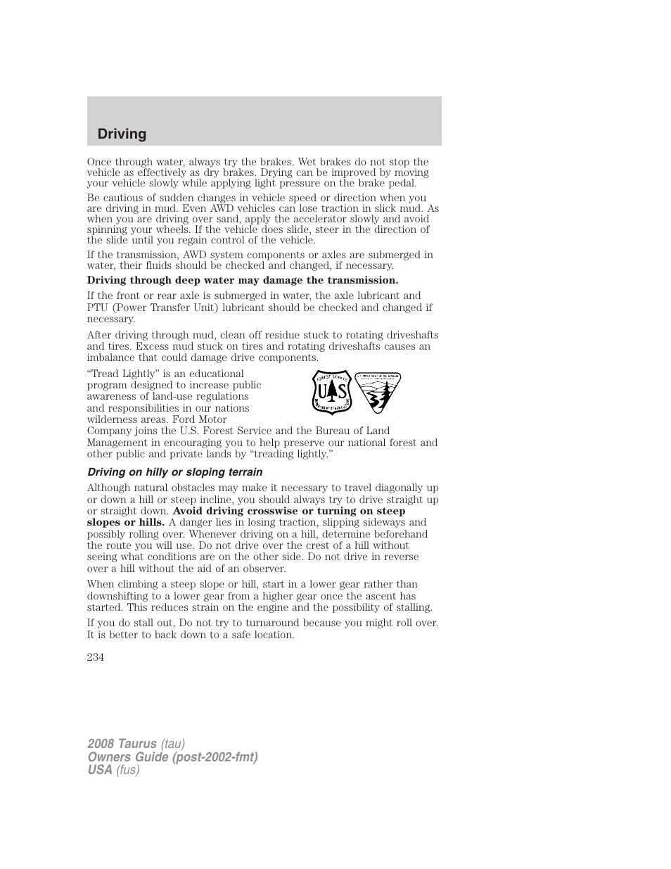 Driving on hilly or sloping terrain, Driving | FORD 2008 Taurus v.1 User Manual | Page 234 / 320