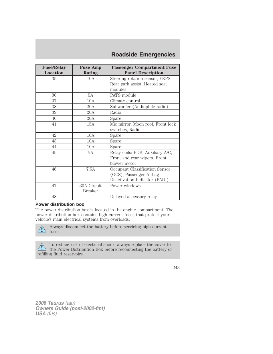 Power distribution box, Roadside emergencies | FORD 2008 Taurus v.1 User Manual | Page 243 / 320