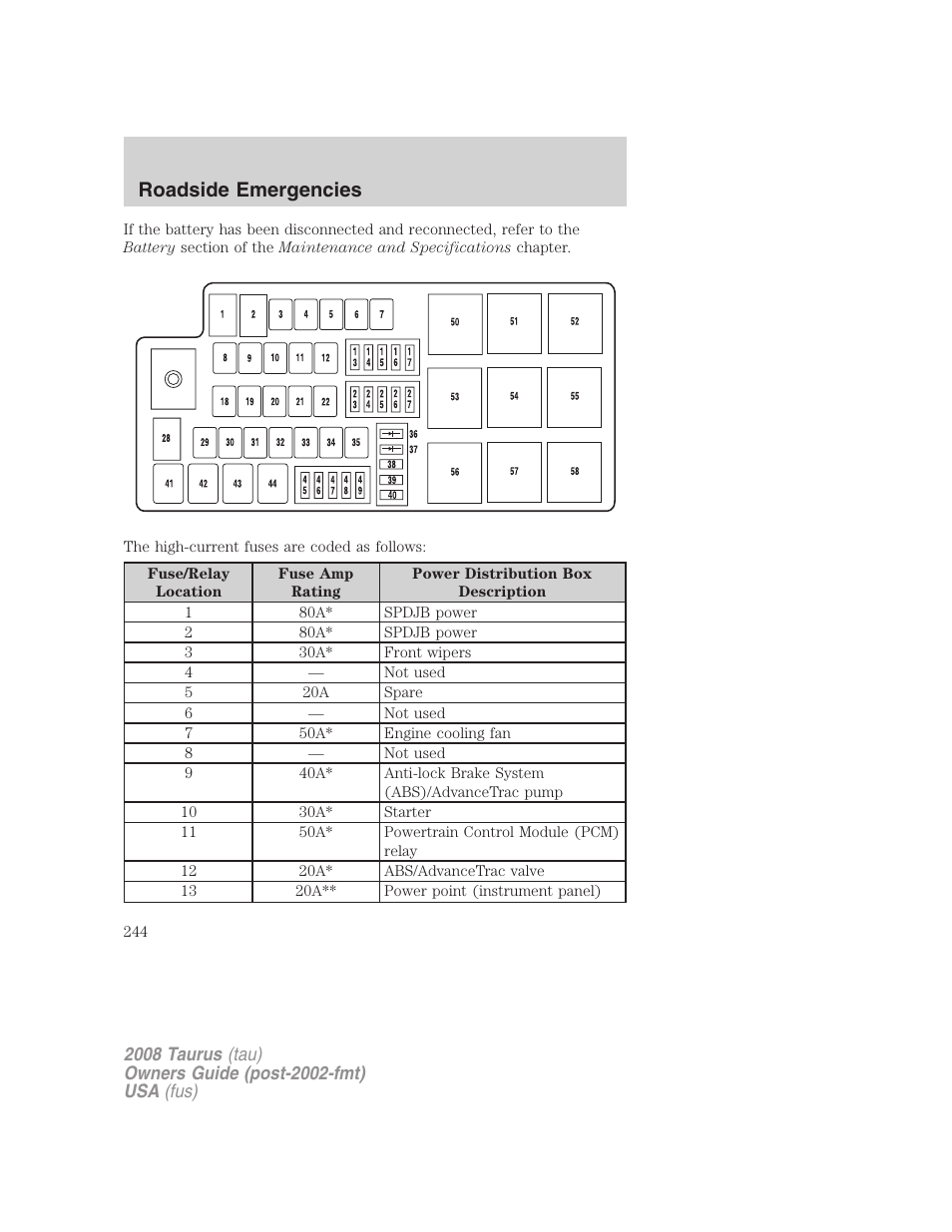 Roadside emergencies | FORD 2008 Taurus v.1 User Manual | Page 244 / 320