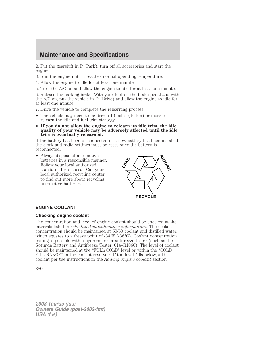 Engine coolant, Checking engine coolant, Maintenance and specifications | FORD 2008 Taurus v.1 User Manual | Page 286 / 320