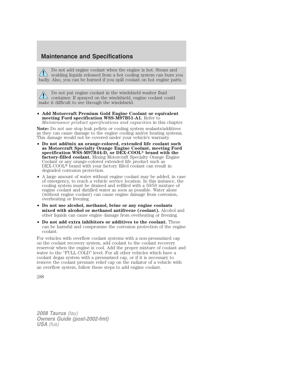 Maintenance and specifications | FORD 2008 Taurus v.1 User Manual | Page 288 / 320