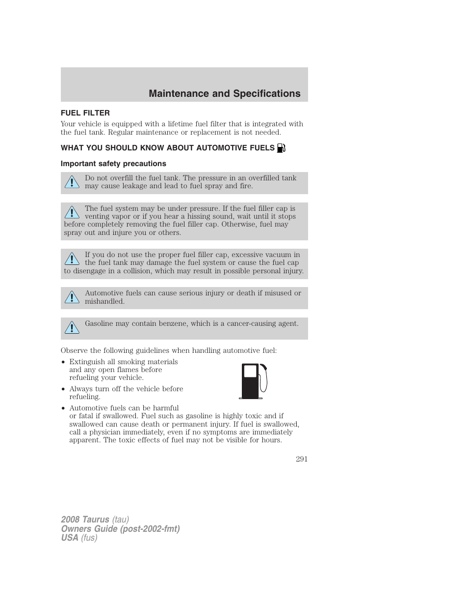 Fuel filter, What you should know about automotive fuels, Important safety precautions | Fuel information, Maintenance and specifications | FORD 2008 Taurus v.1 User Manual | Page 291 / 320