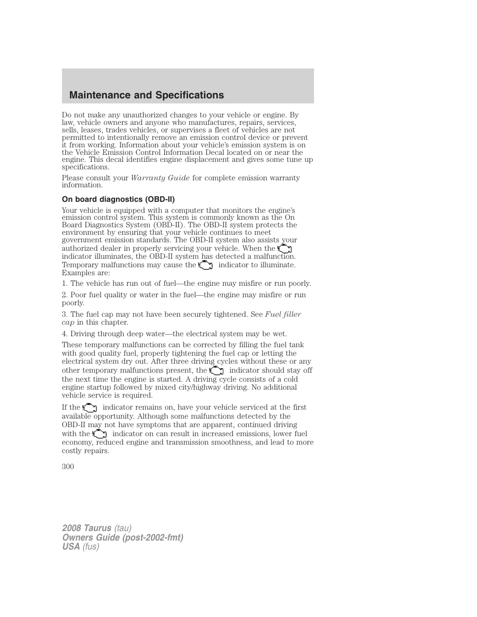 On board diagnostics (obd-ii), Maintenance and specifications | FORD 2008 Taurus v.1 User Manual | Page 300 / 320